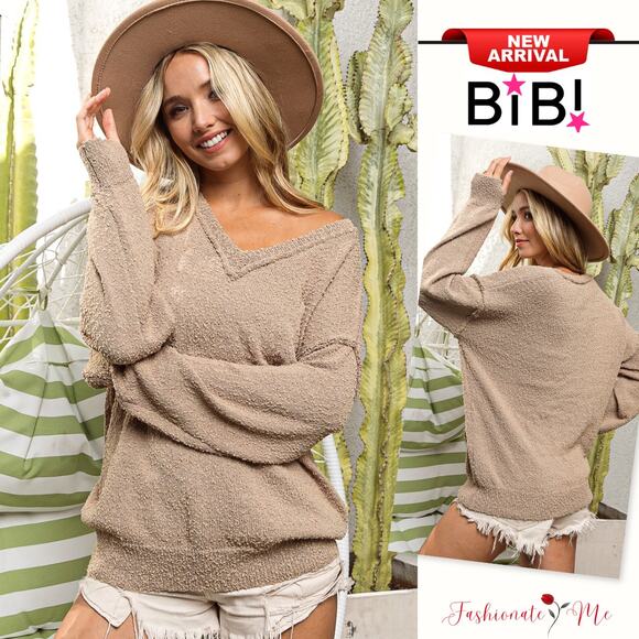 BiBi Raw Edged Popcorn Texture V-Neck Long Sleeves Relaxed Fit Sweater | Latte - Picture 1 of 10